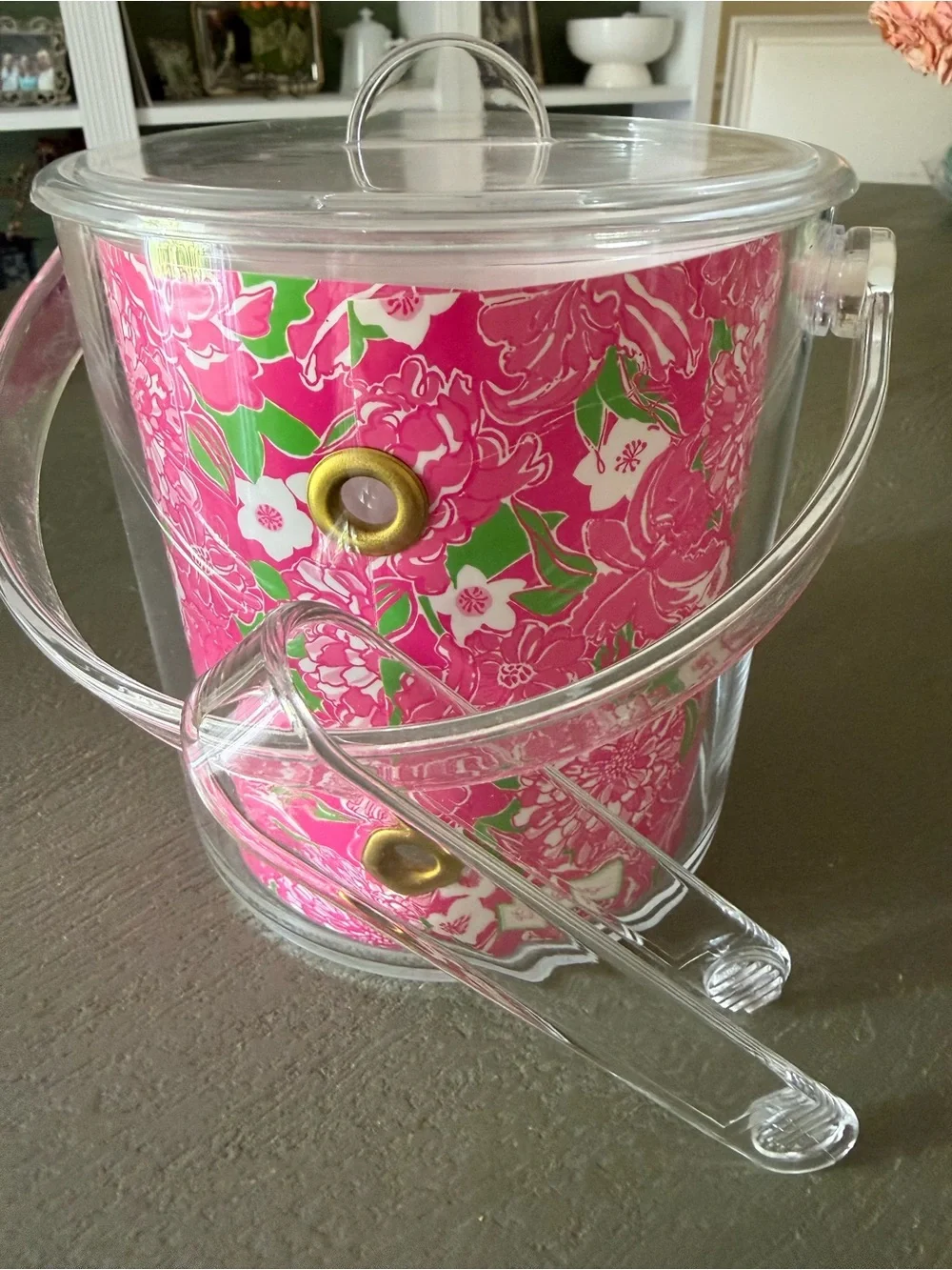 Rare Lilly Pulitzer acrylic ice bucket with tongs